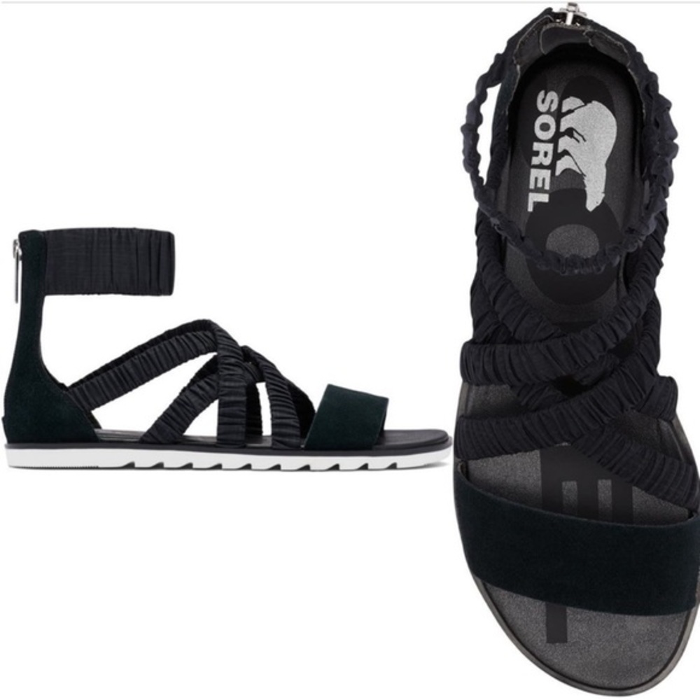 SOREL Ella II Ankle Strap Sandal Black Ruched size 6.5 NWT - Picture 1 of 8